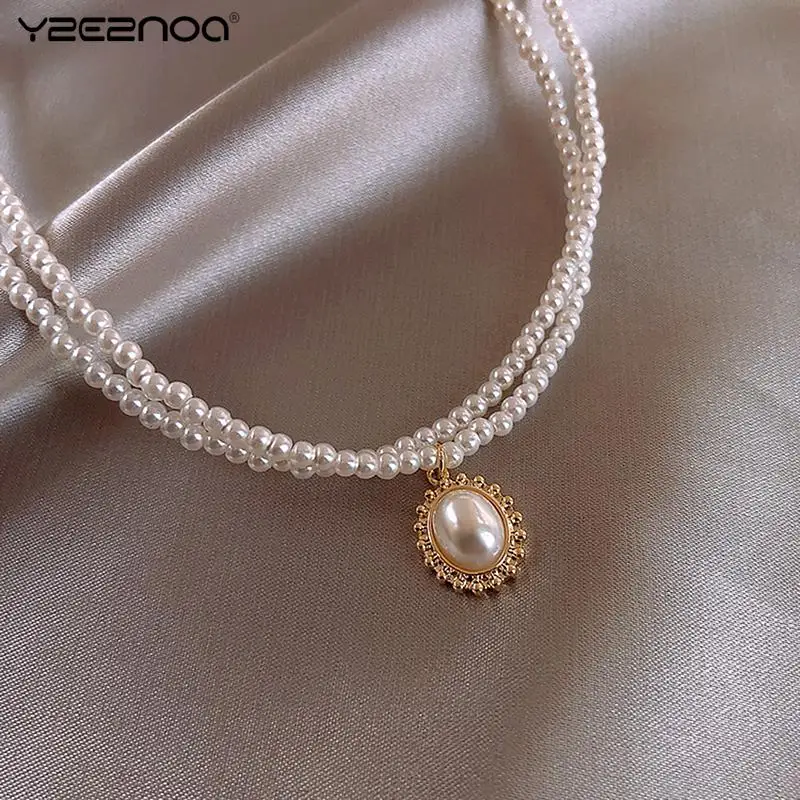 Popular Double Layer Pearl Pendant Necklace Gold Color Necklace Women Korean Style Pearl Pendant Necklace Fashion Jewelry Collar