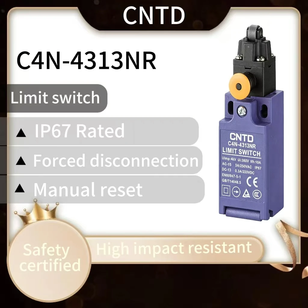 Interruptor de Límite CNTD C4N-4313NR, Brazo de Rodillo de Plástico con Plunger Vertical, 1NO/1NC de Acción Lenta, Impermeable IP67, 10A 500V, CE TUV