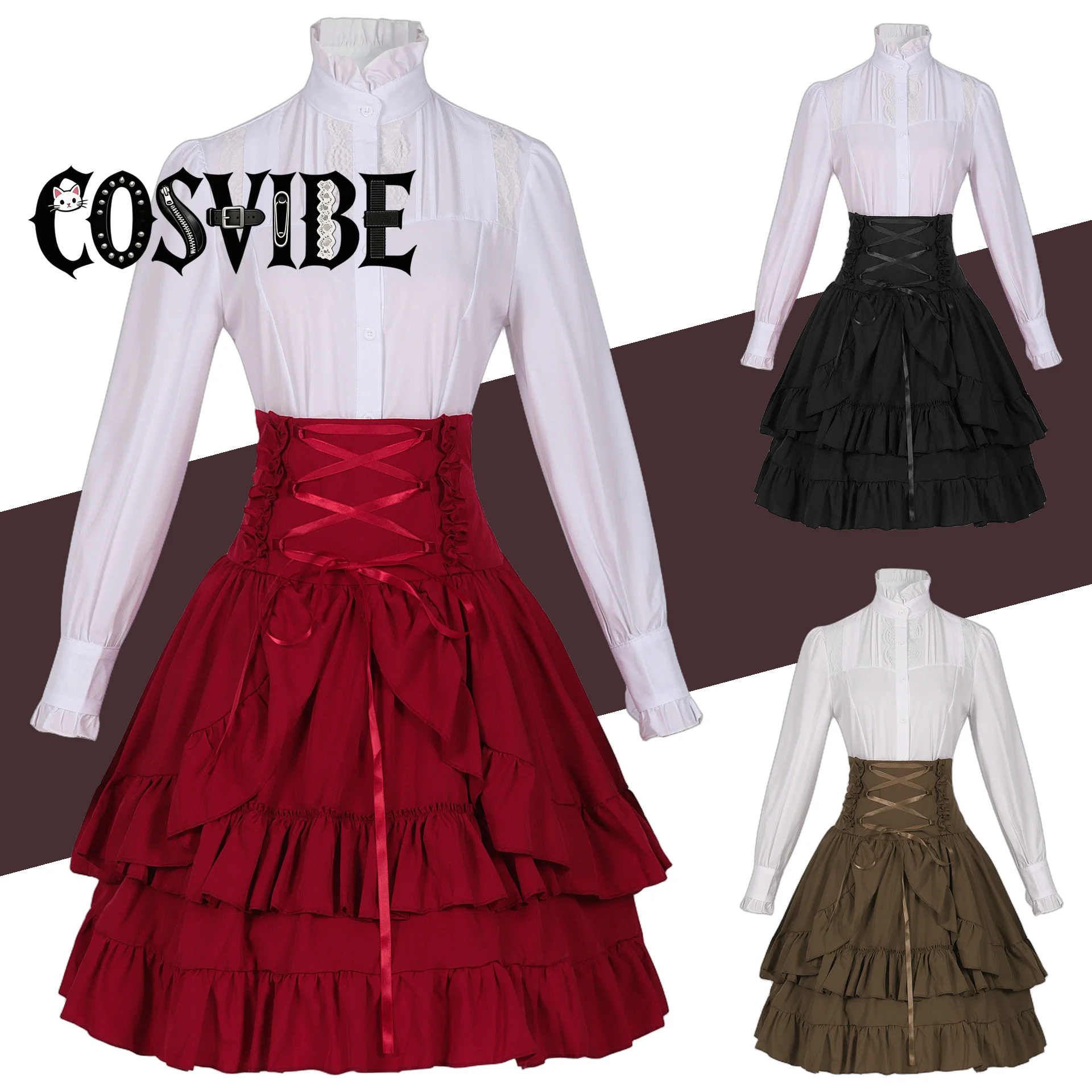 

Renaissance Gothic Women's Dress - Halloween Retro Vintage Medieval Shirt Skirt Costume