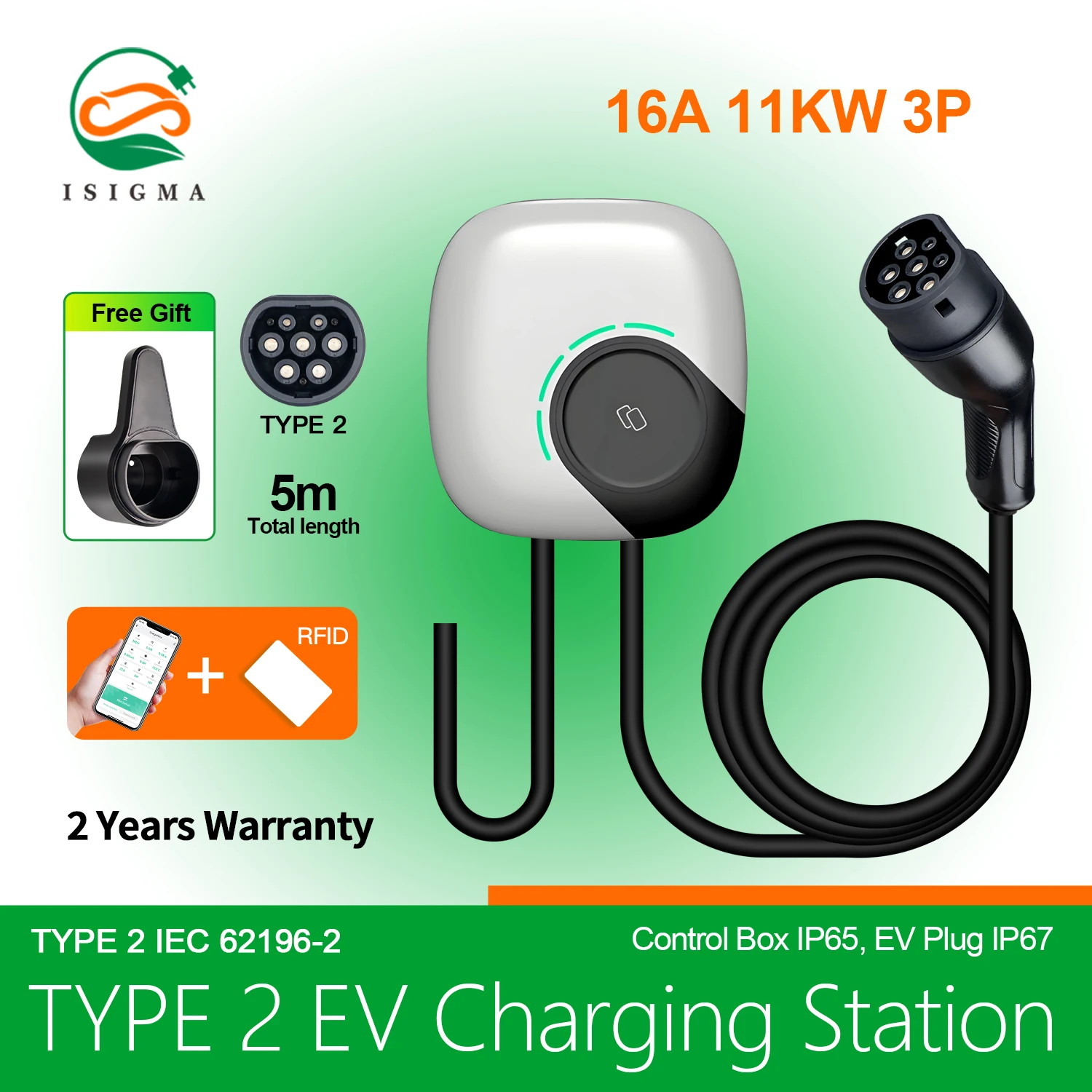 

Isigma Electric Type2 16A 11KW 5m Car charging station Charging Box Plug 3Phase EV charger station