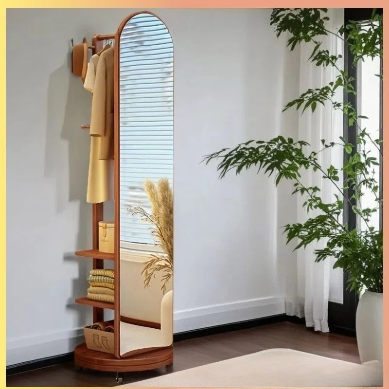 Full-body mirror Floor-to-ceiling mirror Household bedroom Hanger rack Integrated rotatable movable medieval style fitting mirro