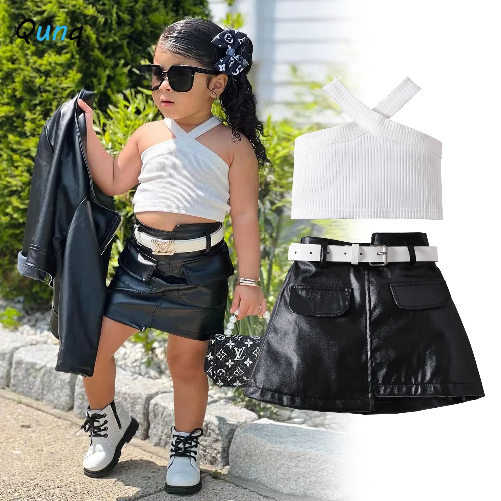 Qunq 2024 Spring Children\'s Wear Solid Color Cross Cut Off Shoulder Hanging Neck Tank Top Short Skirt Belt Three piece Set 2T-5T