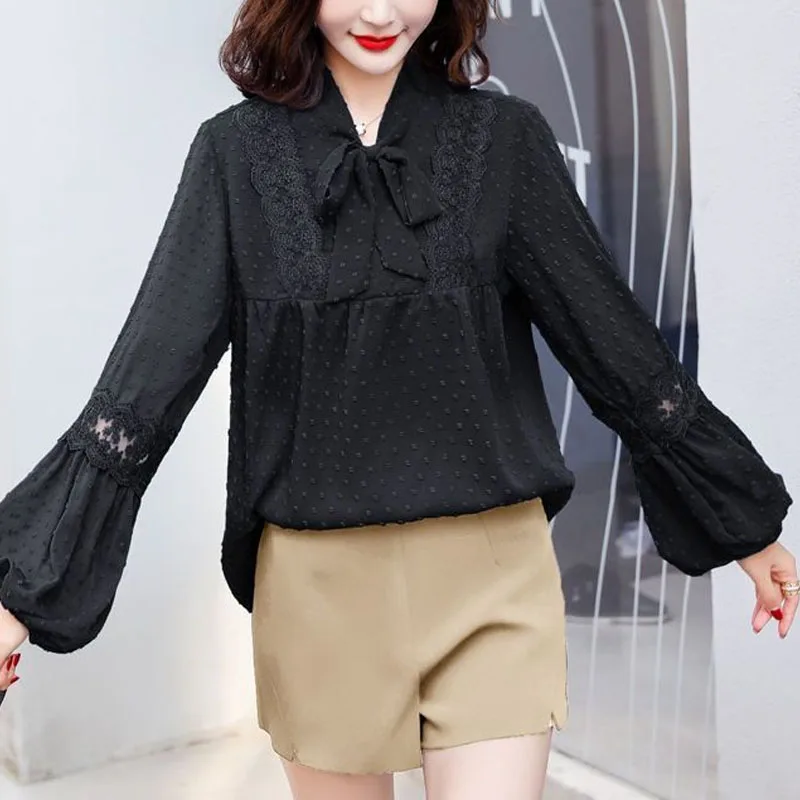 2023 New Spring/Summer Fashion Solid Color Versatile Loose Body Covering Long Sleeve Temperament Bow Tie Chiffon Women's Shirt