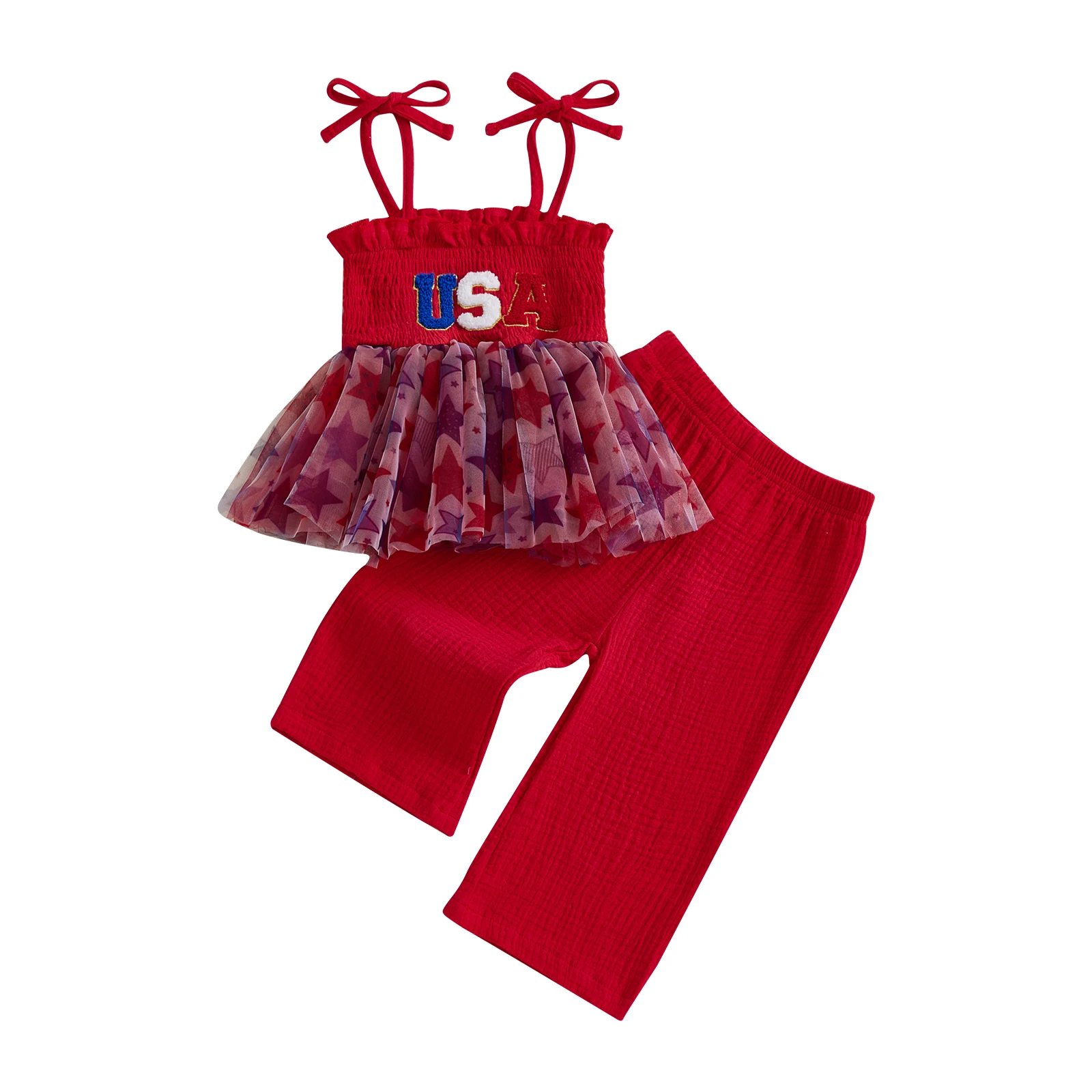 

Independence Day Toddler Girl Outfit Letter Embroidery Tulle Tie Shoulder Camisole Solid Color Pants 2 Piece Set for July 4th