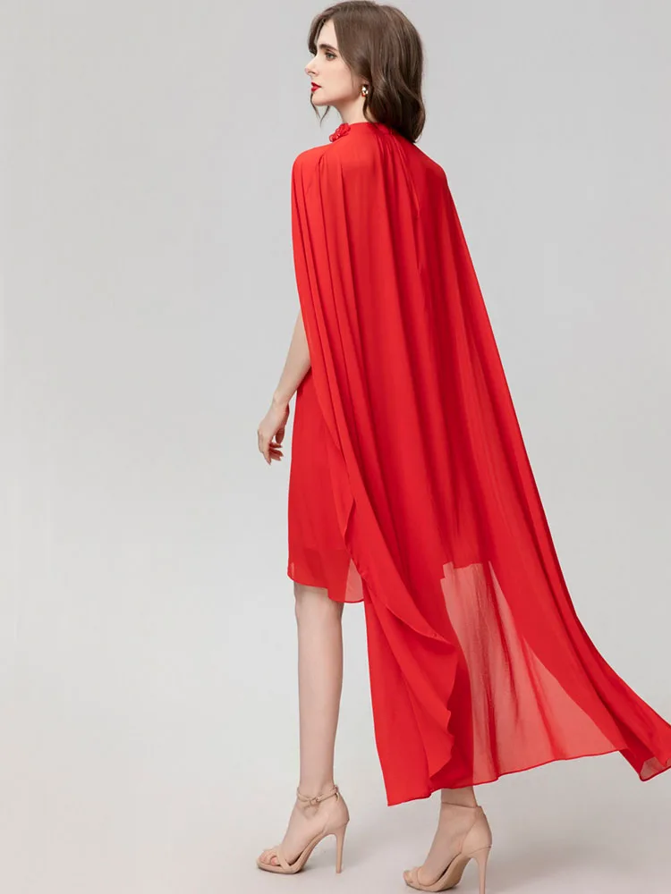 JUNLINNA Runway Fashion Cape Dress Party Holiday Red Colour Appliques and Beading Asymmetrial Vestidos Cloak Sleeve