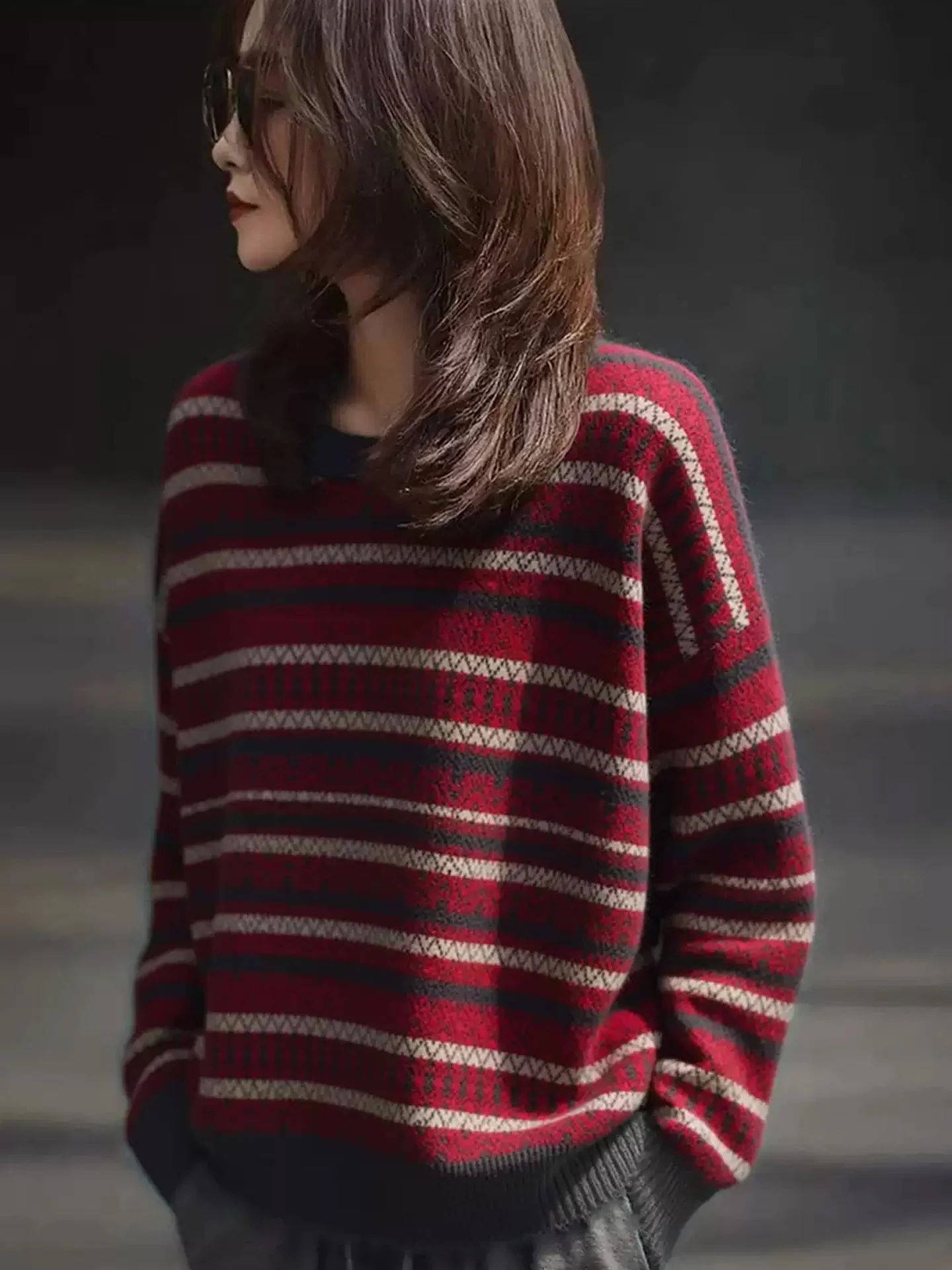 Faionable Thiened Cisas Roter Pullover 2025, Winter, lässig, locker, lang, S Sve, gestrickt, irt, vielseitig, bequem, Damen...