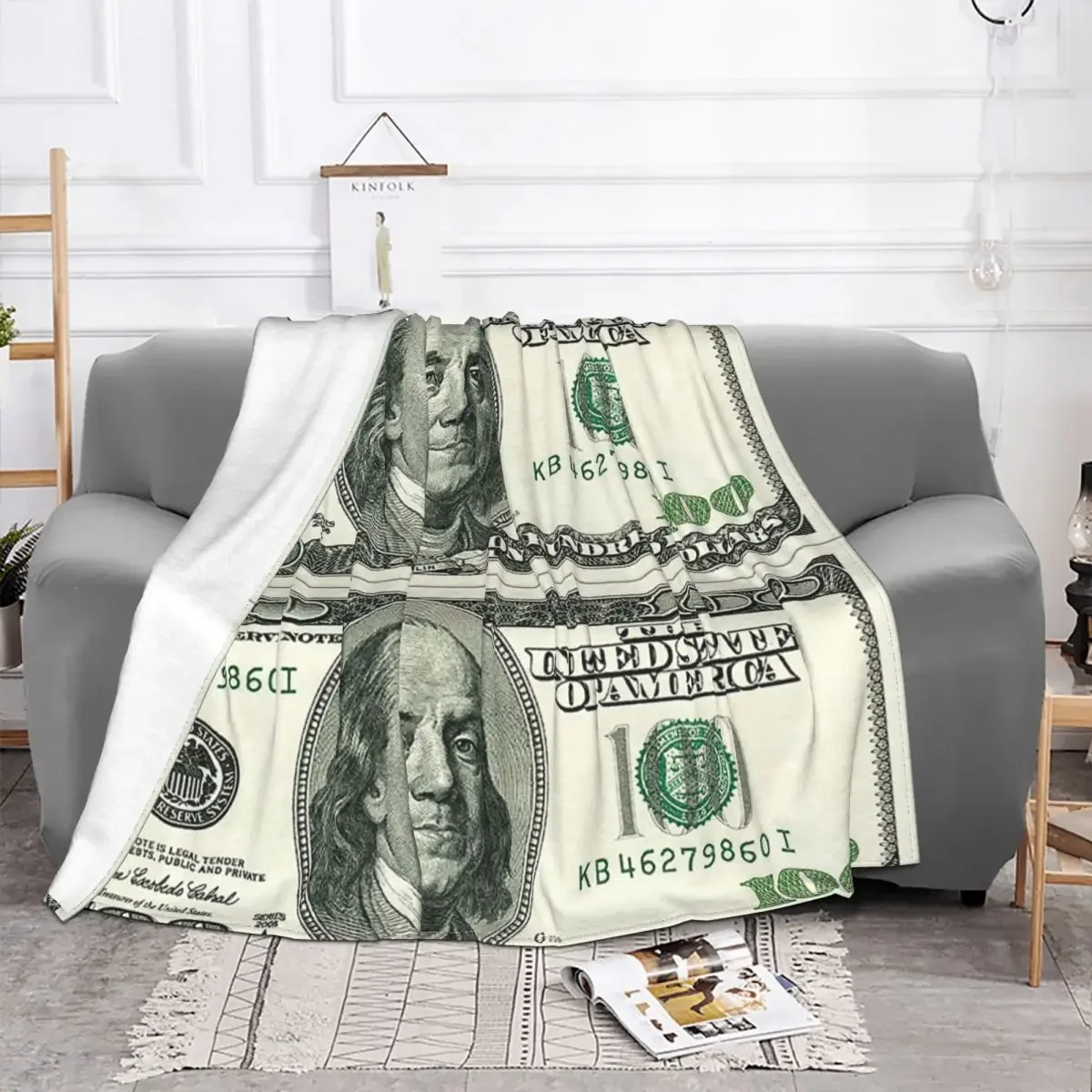 Benjamin Franklin 100 Dollar Bill Knitted Blankets Fleece Money Pattern USA Warm Throw Blankets for Car Sofa Couch Bedspread