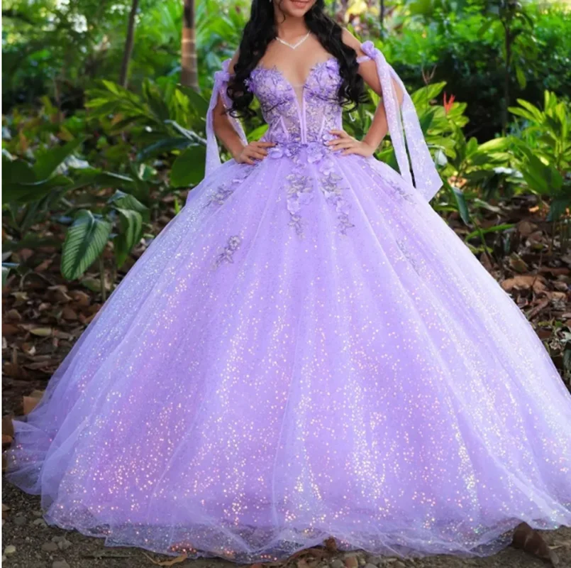 

Пышное бальное платье принцессы сиреневого цвета для Quinceanera, нарядное платье на 15-летие, с блестящим кружевом, в стиле Золушки, для дня рождения, на заказ