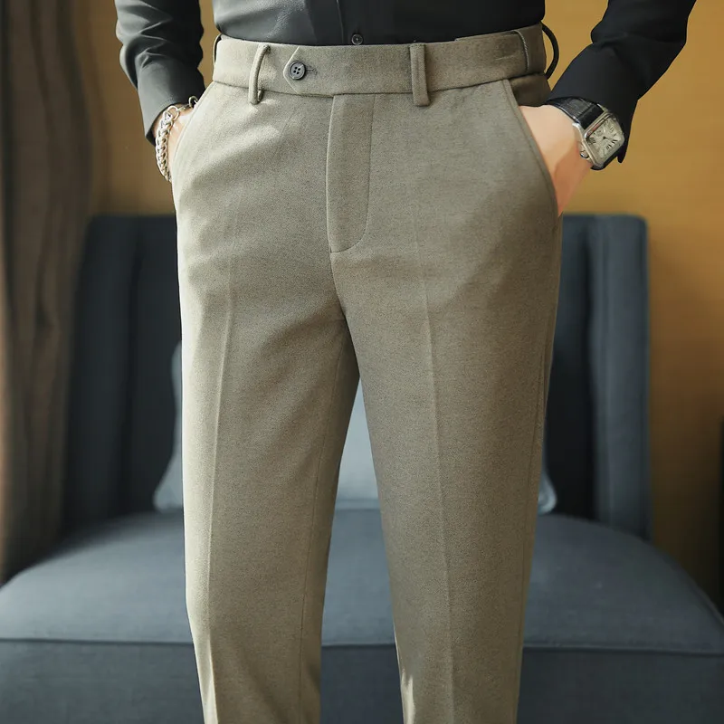 خريف شتاء جديد سميكة الدافئة سراويل تقليدية الرجال مرونة الخصر الصلبة سليم بنطلون موضة الأعمال الرسمية مكتب البدلة بانت #2