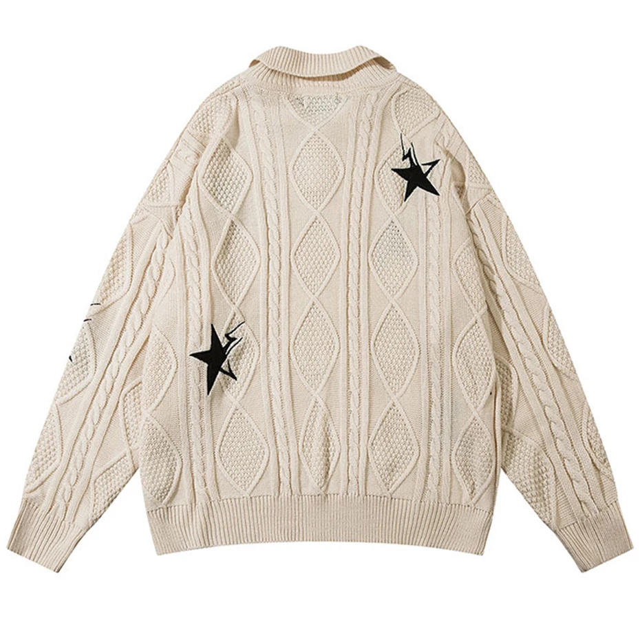 Harajuku Sweater Pullovers Men Y2K Star Embroidery Turndown Collar Knit Sweaters Korean Style Casual Jumpers Couple Streetwear