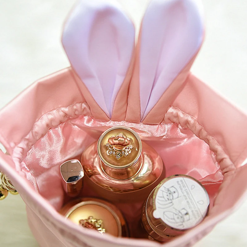 Girls Storage Bag Cute Rabbit Fur Ball Drawstring Makeup Organizer Women Portable Travel Cosmetics Bag Pouch Jewellery Container