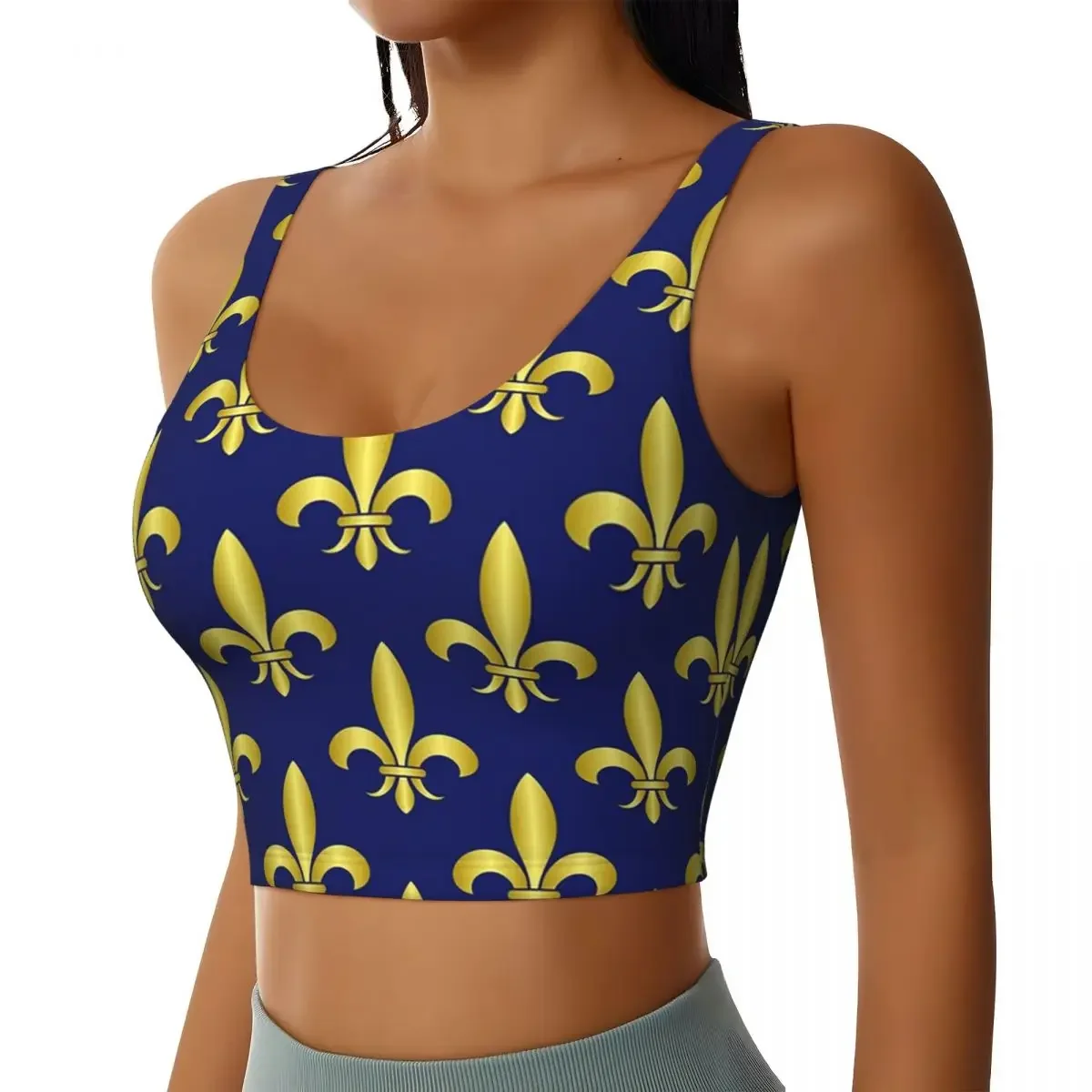 Custom Gold Blue Fleur De Lis Royal Lily Women Sports Bra High Impact Vest Gym Workout Yoga Crop Tank Top
