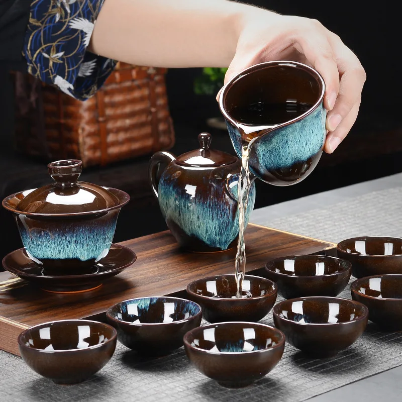 Ceramic Kiln Sand-gold Tea Set High-end Business Gift Kung Fu  