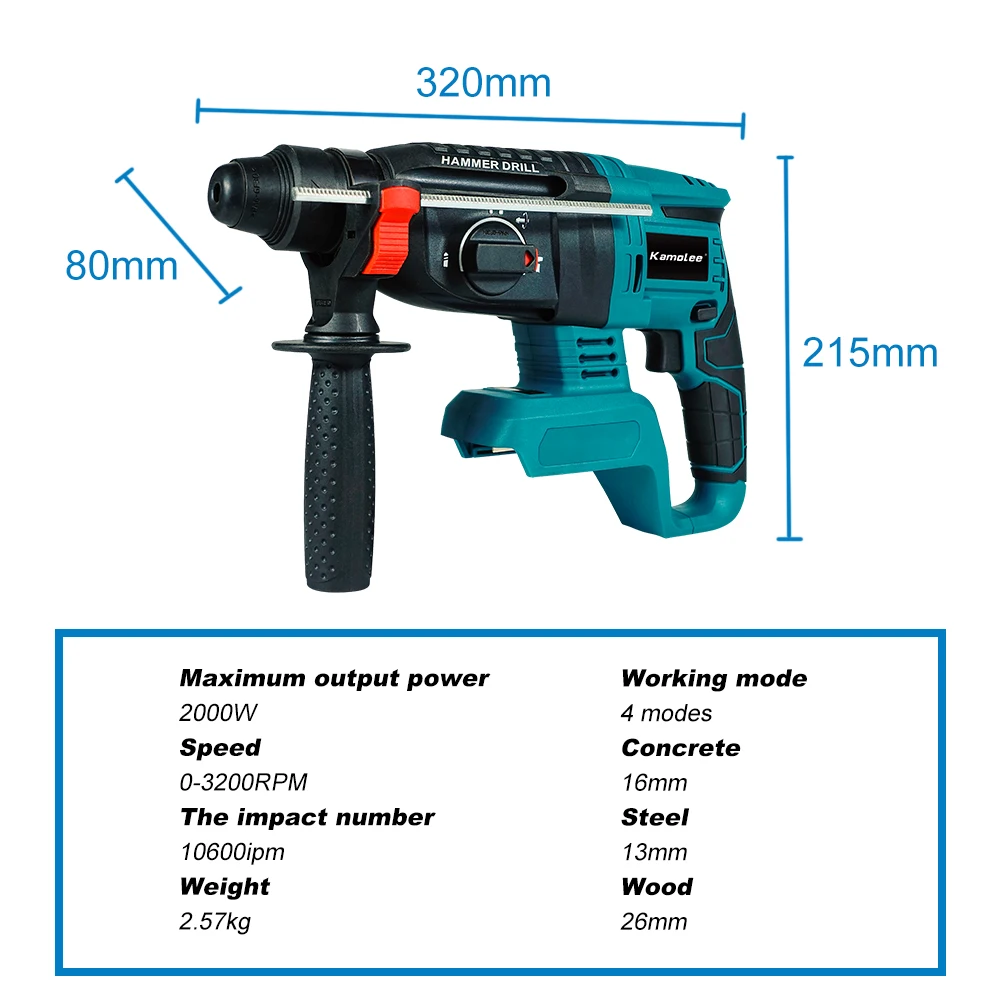 Kamolee-taladro rotativo inalámbrico sin escobillas, 2000W, 10600IPM, martillo eléctrico recargable, taladro de impacto para batería Makita