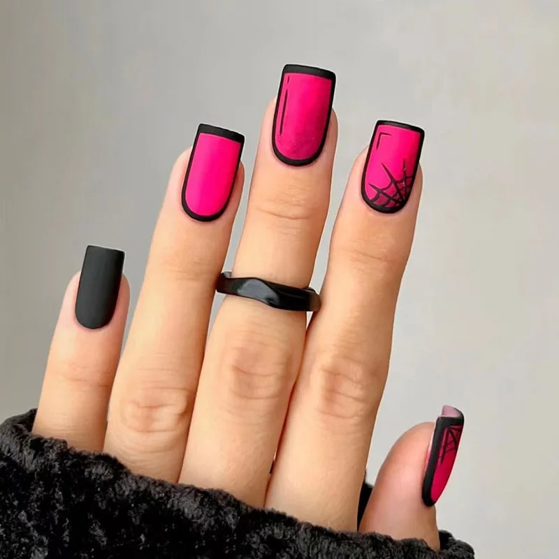 

24pcs Comic Halloween Press-On Nails - Matte Fuchsia Spiderweb Gothic Lace Medium Square Shape (Multi Sizes)