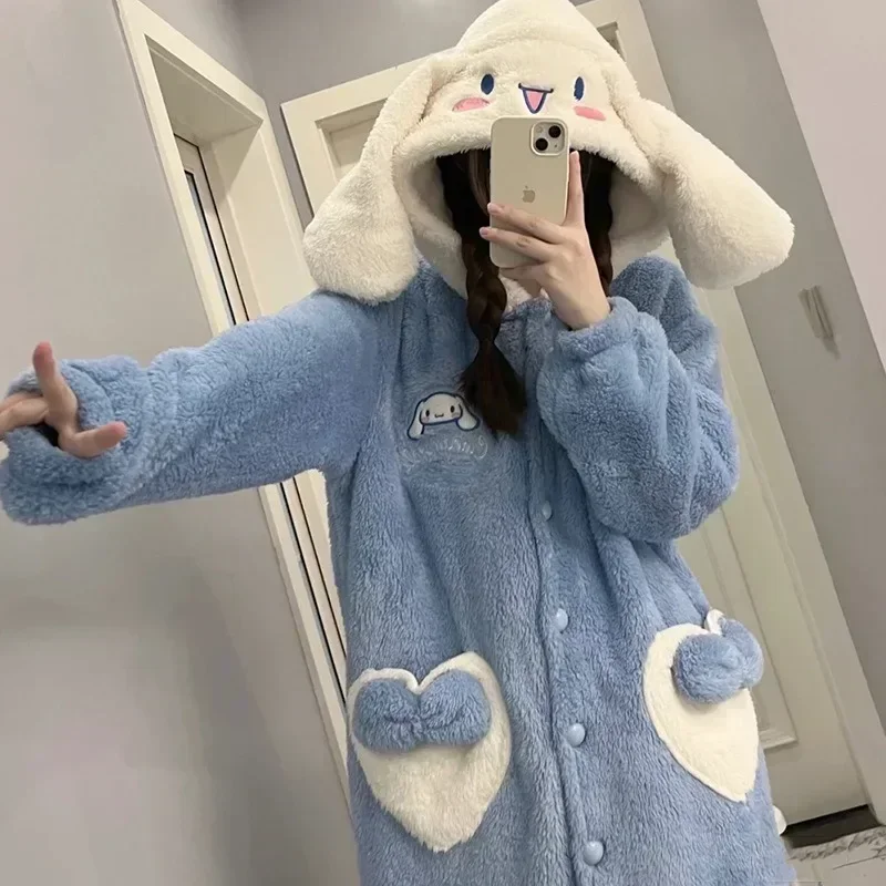 Anime Cinna moroll Sanrio Kawaii Plüsch Pyjama Kleid süßes Mädchen Winter Flanell warm verdickt Student wohnlich Set Geburtstags geschenk