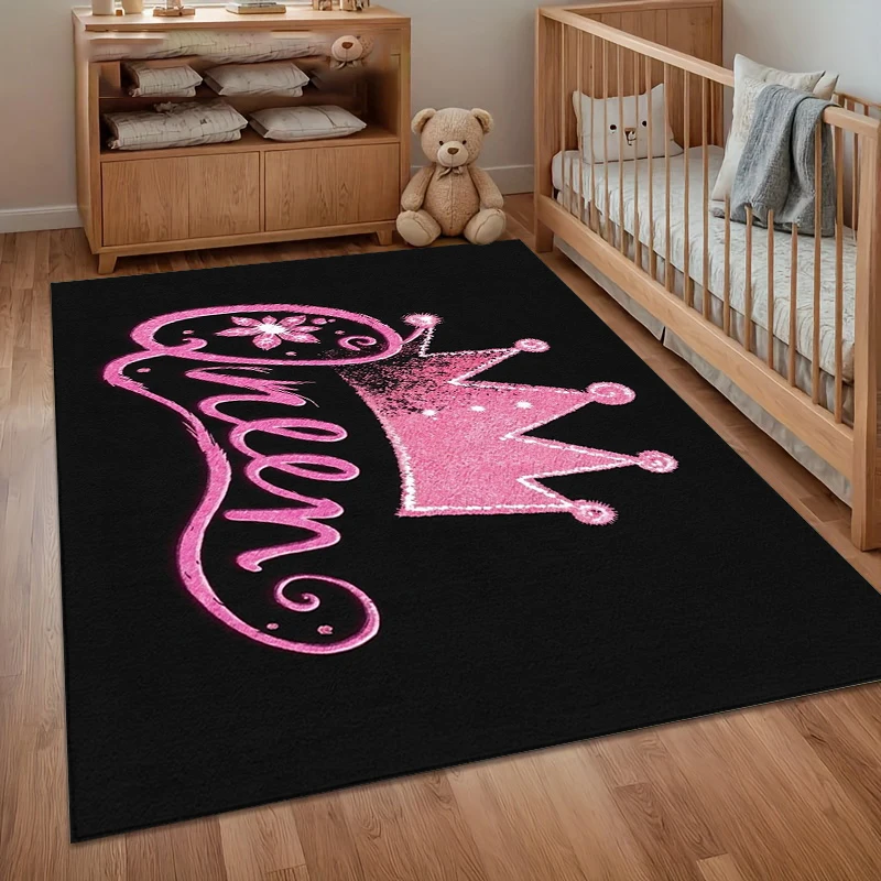 Tapis antidérapant rose avec couronne de reine, tapis lavable pour salon et chambre à coucher, fond noir, tapis de sol durable, tapis de maison