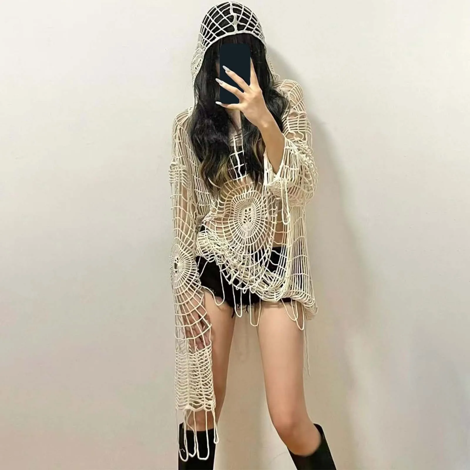 Y2K Hollow Knit Hooded Tops Women Goth Spider Web Spice Girl Mesh Pullovers Female Korean Fashion Halloween Fishing Net Sweaters