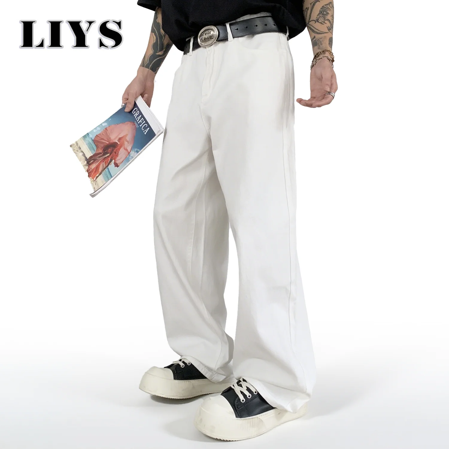 ตรงกางเกงยีนส์ผู้ชายสีขาวหลวมกางเกงยีนส์Unisex Trend Neutralกางเกงยีนส์ผู้ชายBaggyสบายๆกางเกงผู้หญิงHip Hopกางเกงยีนส์