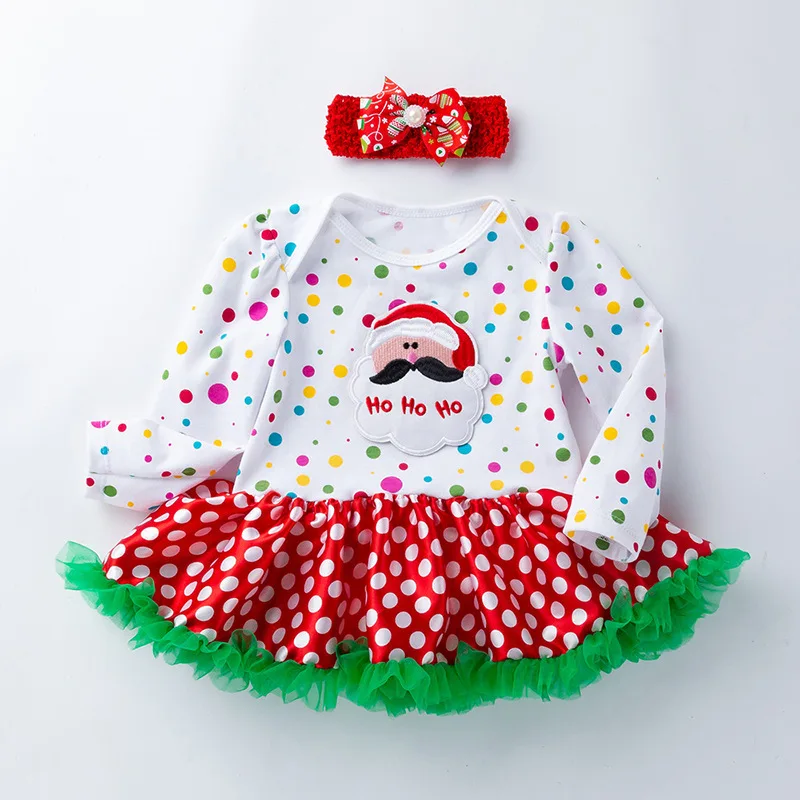 

Newborn Baby Girls Santa Claus Cartoon Long sleeves Romper Dress Headband Two-piece Set of Children's Christmas Clothing Suit