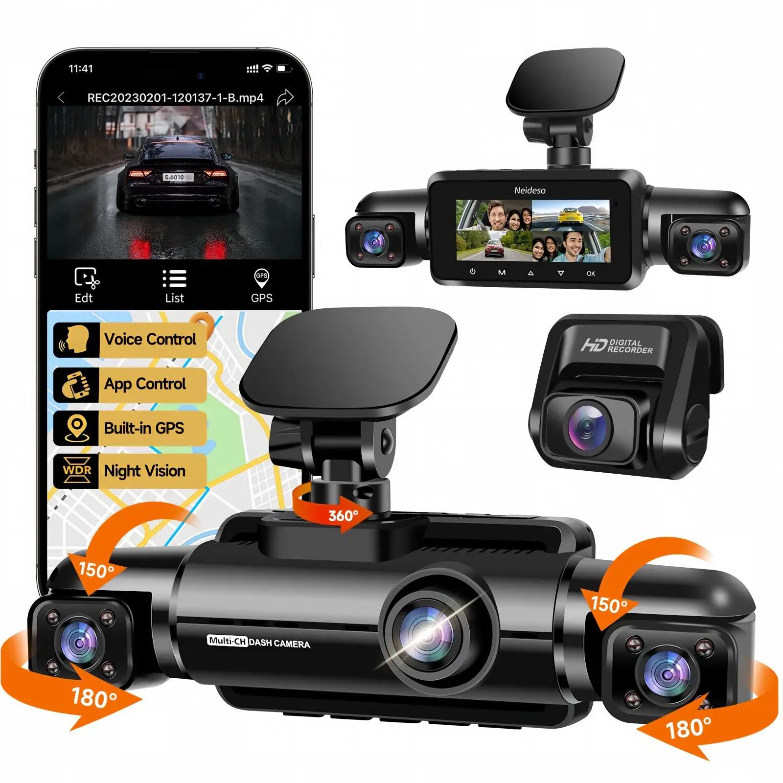 HUPEJOS V60-4CH 4K+1080P Dash Cam,Super Night Vision, Voice Control, Built-in 5GHz WiFi & GPS, 24H Parking Mode Car DVR