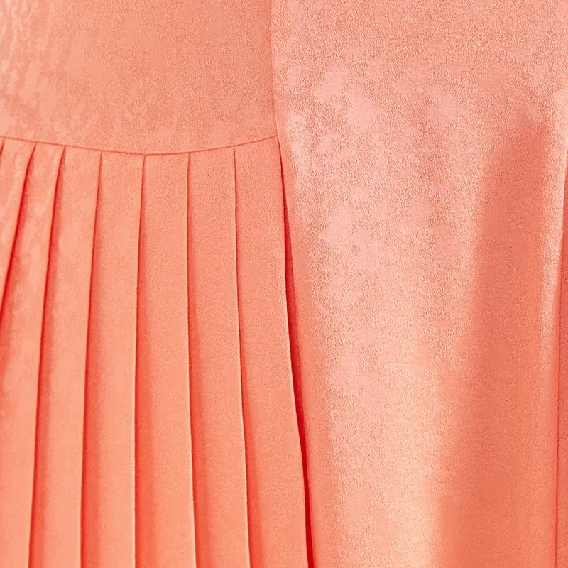 VOA シルクジャカード 22 匁オレンジ V ネックバブル半袖ドレス女性オルガンプリーツシンプルな甘いエレガントなサマードレス AE2137