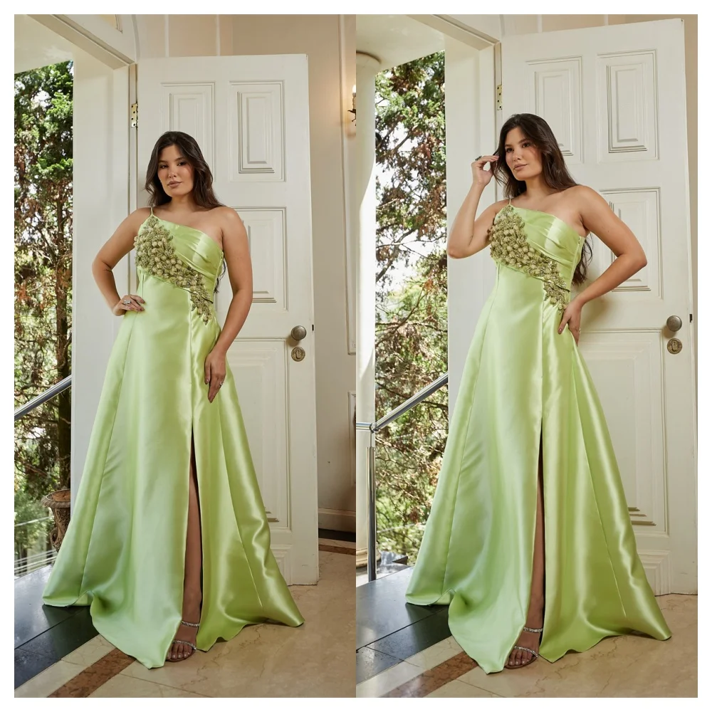 Customized Delicate Green Satin Evening Dress Exquisite One Shoulder Spaghetti Straps Sleeveless Party Dress Soft Cel