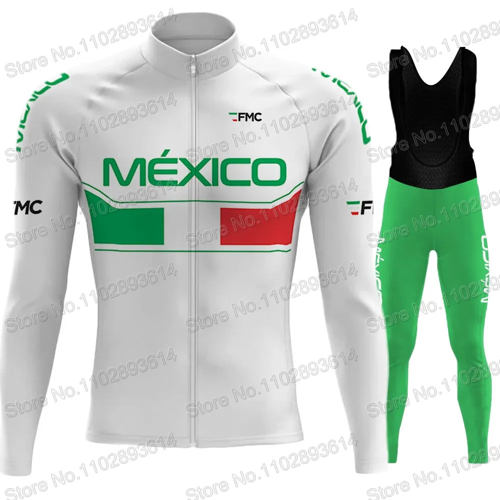 National Team Mexico Cycling Jersey 2023 Set Long Sleeve Green Winter Clothing Road Race Bike Jacket Suit MTB Ropa Maillot