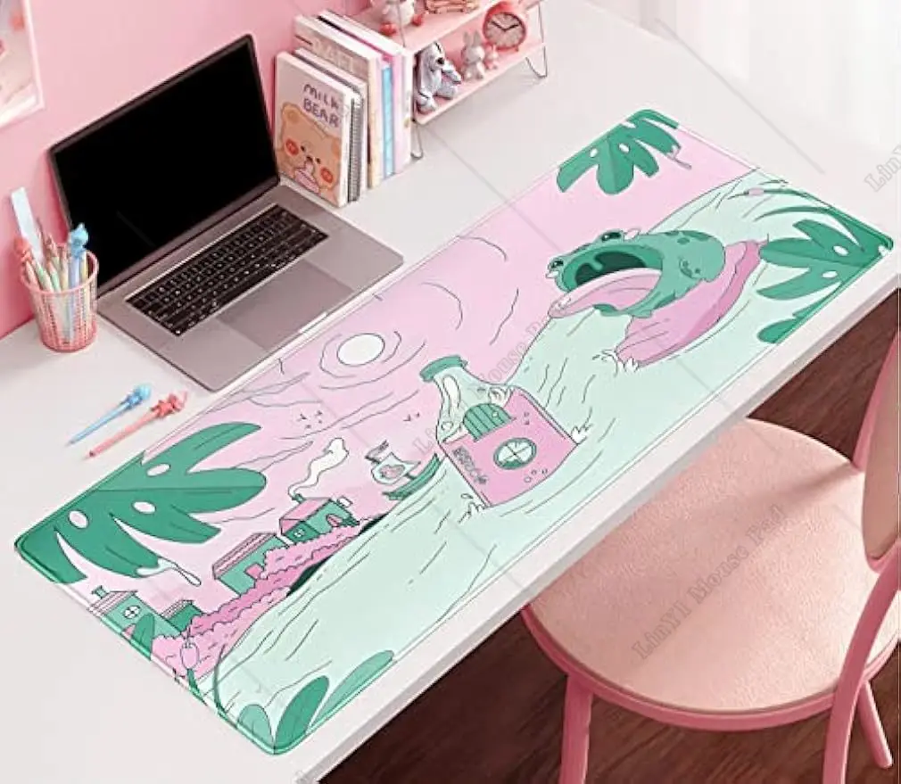 Pink Green Cute Desk Mat Kawaii Cartoon Frog Mousepad Cute Anime Mouse Pad 31.5x11.8 inch Large Gaming Desk Pad Fit Home Gift