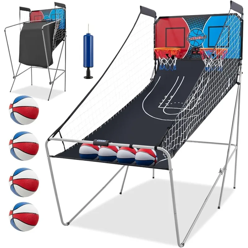 

Goplus Foldable Dual Shot Basketball Arcade Game, Electronic Basketball Hoop Game w/LCD Scoreboard, 8 Game Modes, 4 Balls,