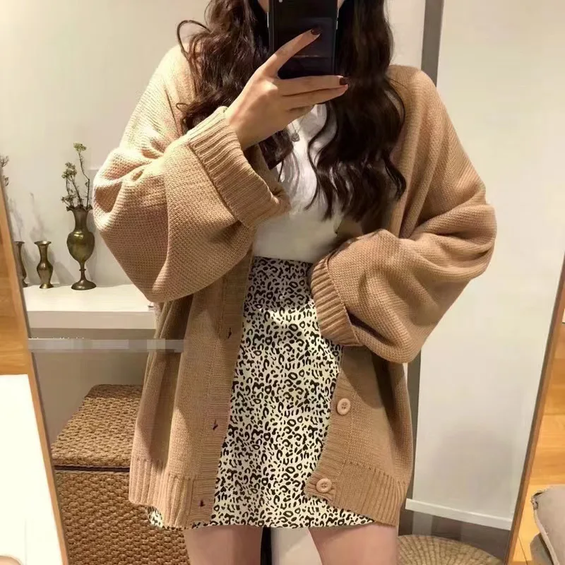 V-neck Korean Autumn and Winter New Solid Color Knitted Cardigan Simple and Loose Versatile Sweater Jacket for Women