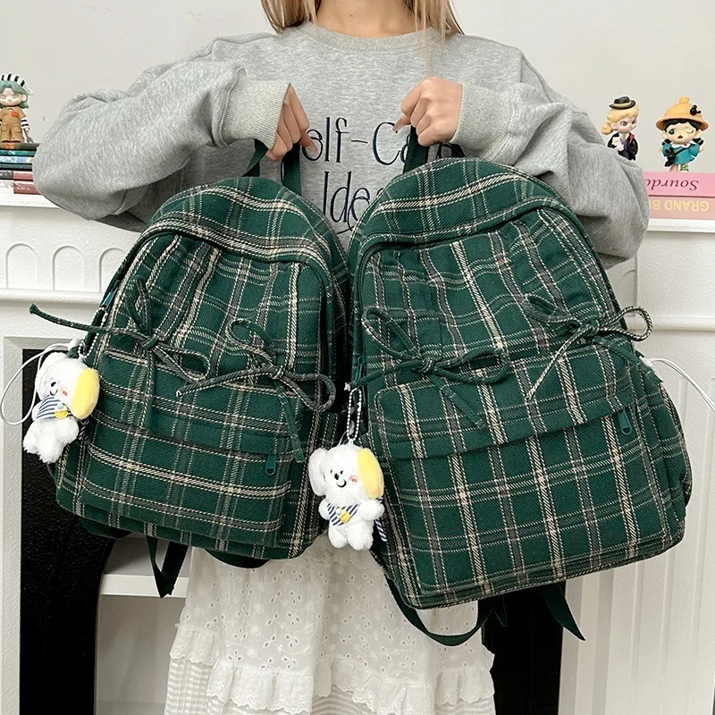 Winter Women Backpack British-Style Retro Plaid Daypack Campus Student Schoolbag Teen Girls Kawaii Book Bag Cute Travel Rucksack