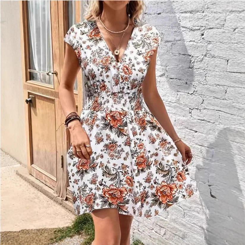 

2025 European and American Women's Clothing Summer New Temperament Casual Deep V-neck Printed Thin Dress