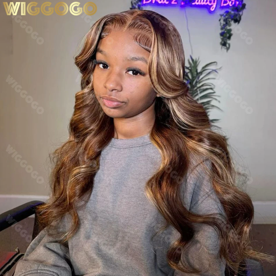 Wiggogo 30 36 Inch Highlight Wig Human Hair Body Wave 13X6 Hd Lace Frontal Wig 13X4 4/27 Colored Blonde Lace Front Wig For Women