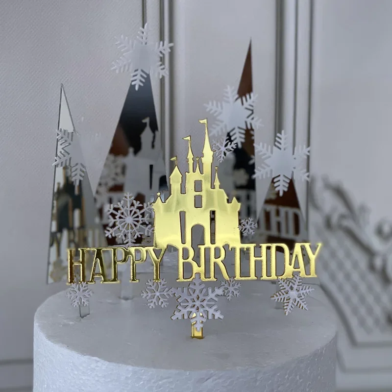 Happy Birthday Cake Topper Snow Castle Double Acrylic Cake Topper Colorful Tree Birthday Decoration Party Favors