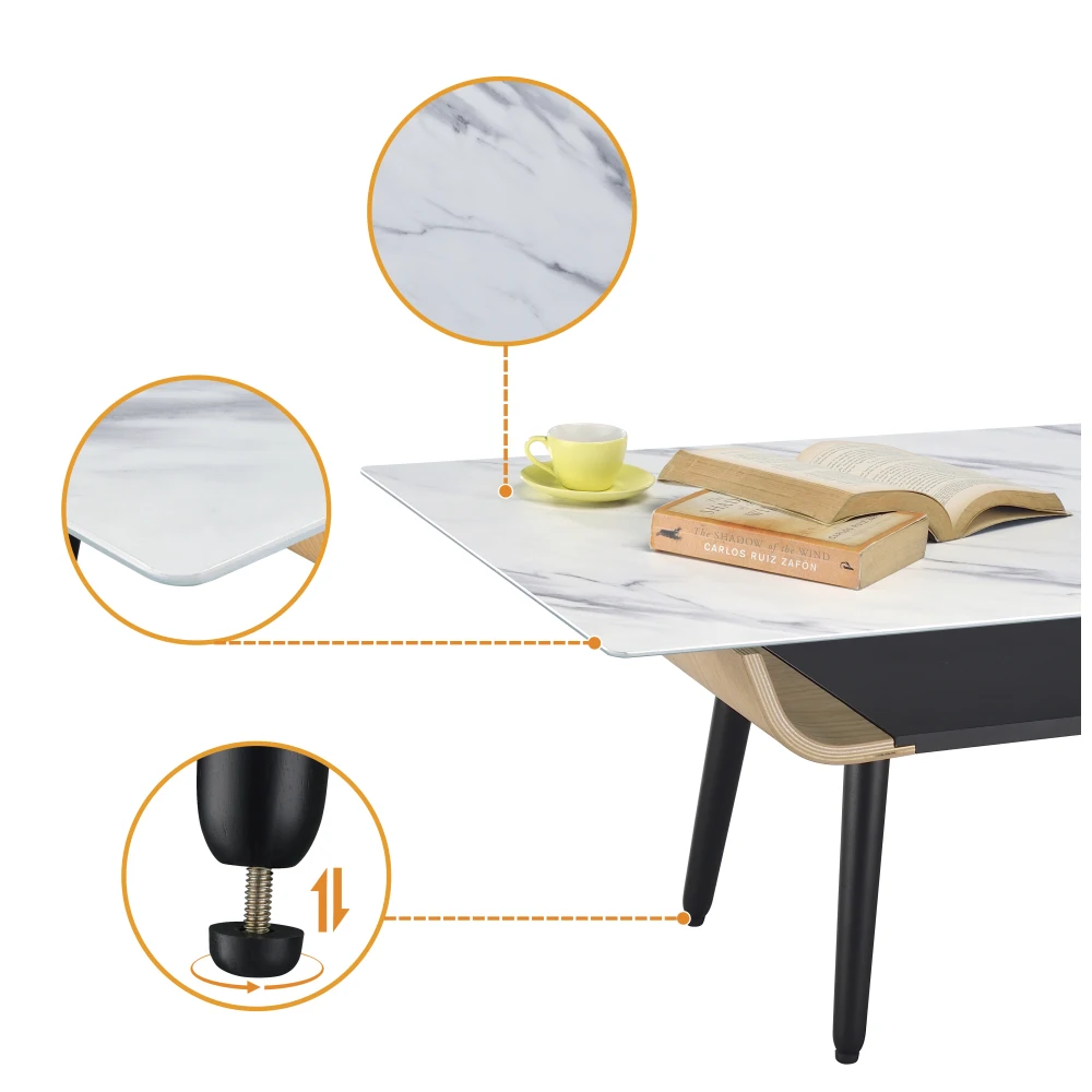 طاولة قهوة Landon مقاس 47 بوصة مع سطح زجاجي من الرخام الأبيض وتصميم خشبي منحني