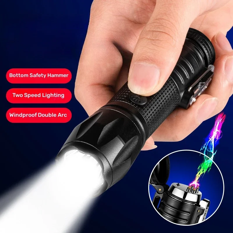 2024 Outdoor Bright Flashlight Electric Dual Arc USB Lighter Windproof Pulse Plasma Portable Lighter Multifunction Survival Tool