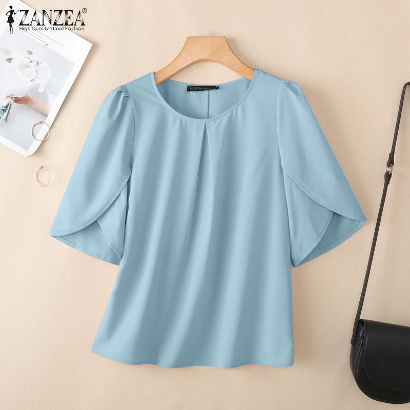 

Elegant Women OL Work Blouses ZANZEA 2026 Summer Blouse Casual O Neck Half Sleeve Shirt Female Solid Loose Tops Mujer Oversize
