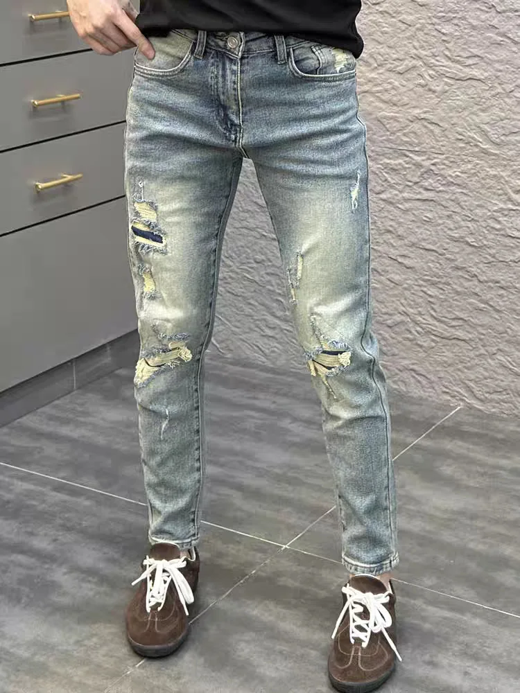 

High Stree jeans With Holes For Men's Thin Fashion Brand Slim Feet Summer Blue Cowboy Hip Hop Korean Style High Quality pants