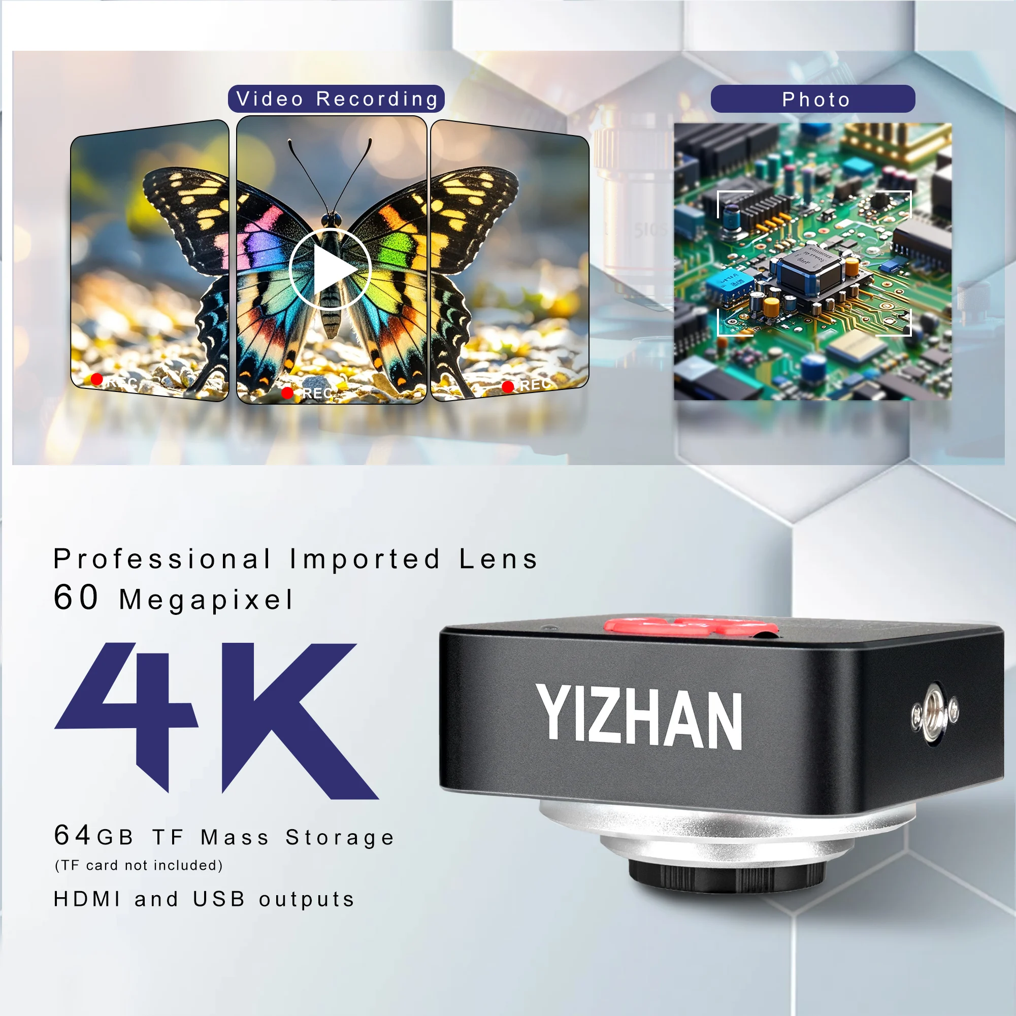 YIZHAN 60MP Ultra HD 4K Electronic Microscope 150X CS Mount Lens HDMI USB Industrial Video Microscope Camera Multiple brackets