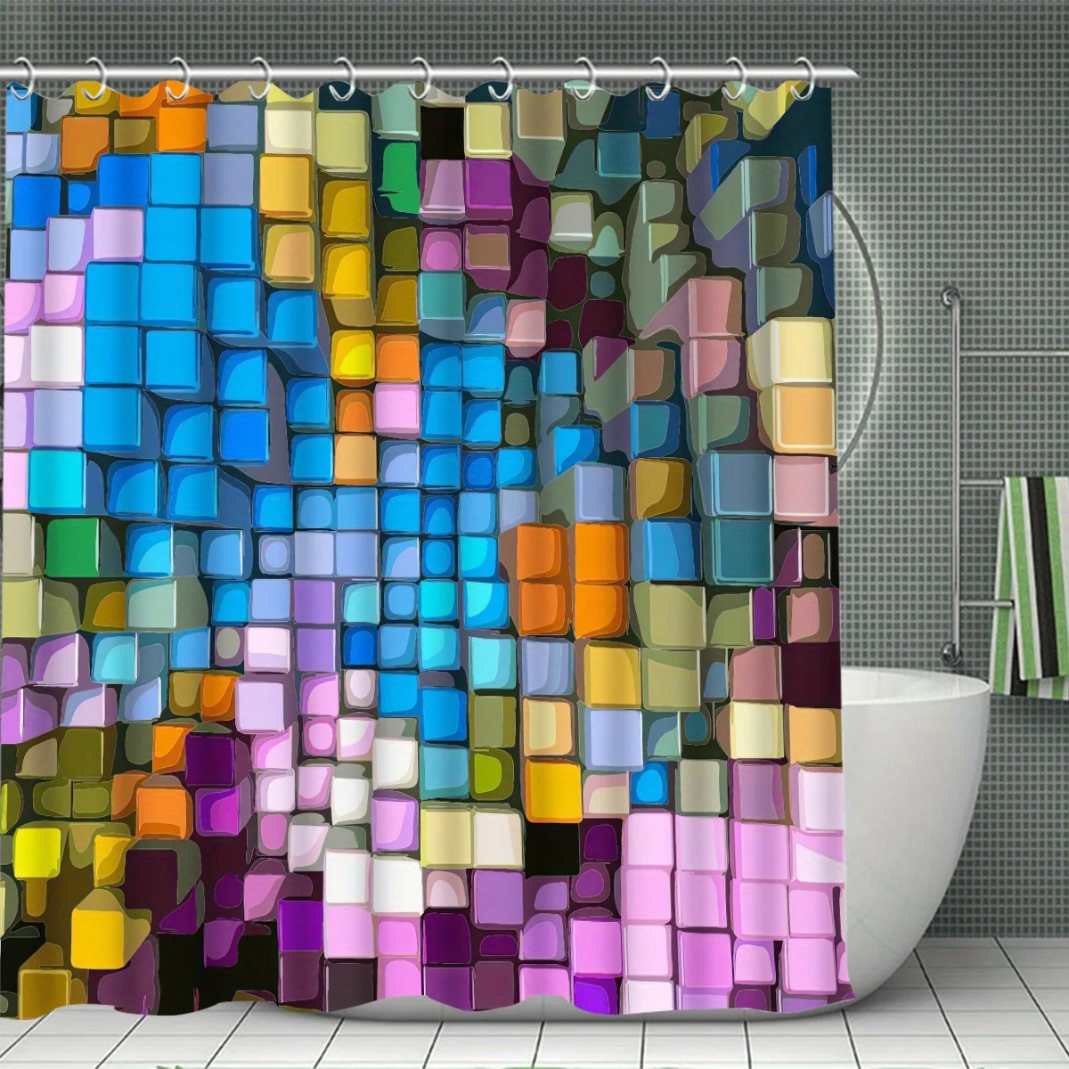Color check Decorative Shower Curtain Bathroom Set - Machine Washable, with 12 Hooks, including Toilet Seat Cover and Bathtub Ma