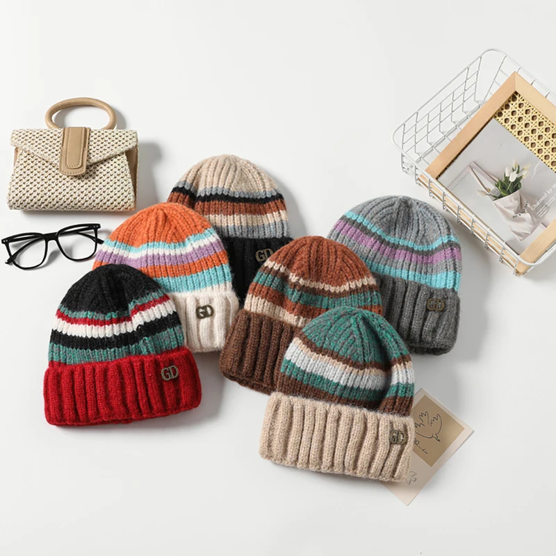 2024 New colorful striped wool blended bean hat fashionable women's autumn and winter outdoor warm couple knitted hat trend