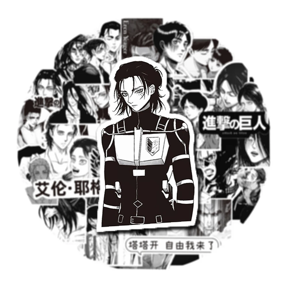 

10/30/66pcs Eren Jaeger Anime Attack on Titan Stickers Black White Manga Decals DIY Stationery Phone Guitar Cool Cartoon Sticker
