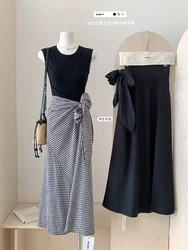 Summer Women French Fashion Old Money Midi Long Vintage Plaid Wrap Skirt Cutecore 2000s Aesthetic Office Lady Mori Girl Simple