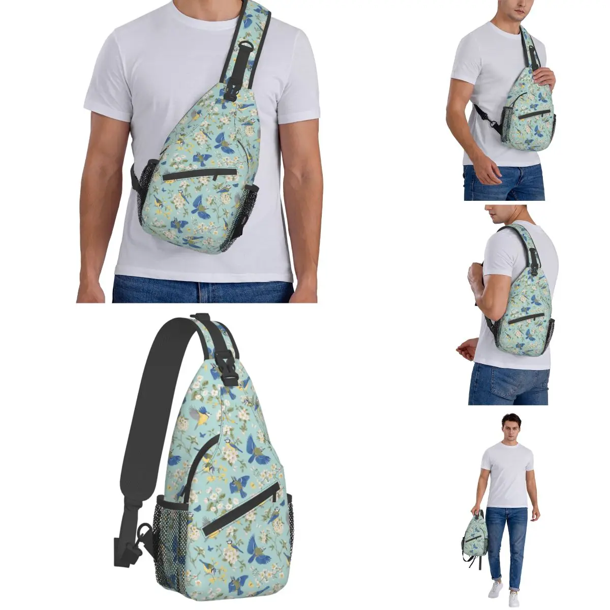 Uccelli e fiori Chinoiserie piccole borse a tracolla petto Crossbody spalla zaino sport all'aria aperta zaini blu tette borse da scuola