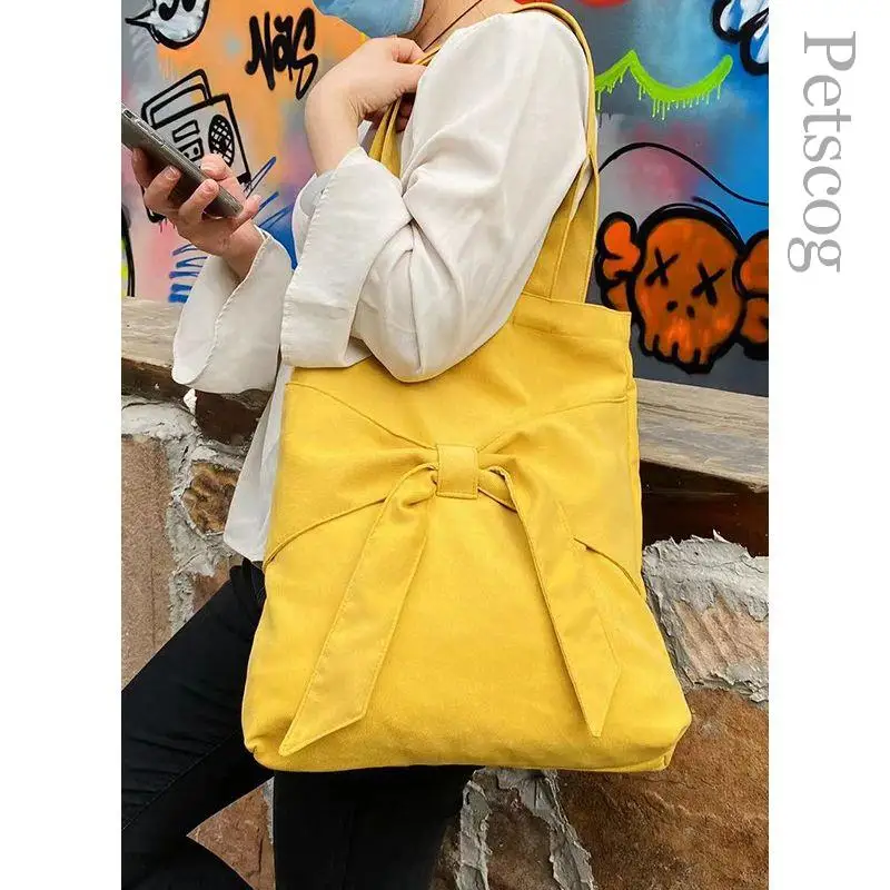 

Bow Design Canvas Tote Bags For Women Solid Color Large Capacity Shopper Travel Bag Casual Fashion Shoulder Bags Trendy Handbags