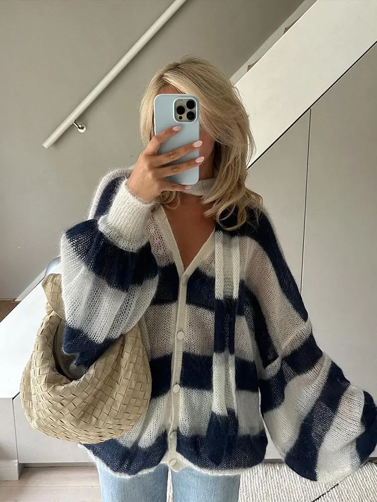 Women Fashion Contrast Striped Knitted Cardigan With Scarf Elegant V Neck Long Lantern Sleeve Loose Sweater New Lady Streetwear