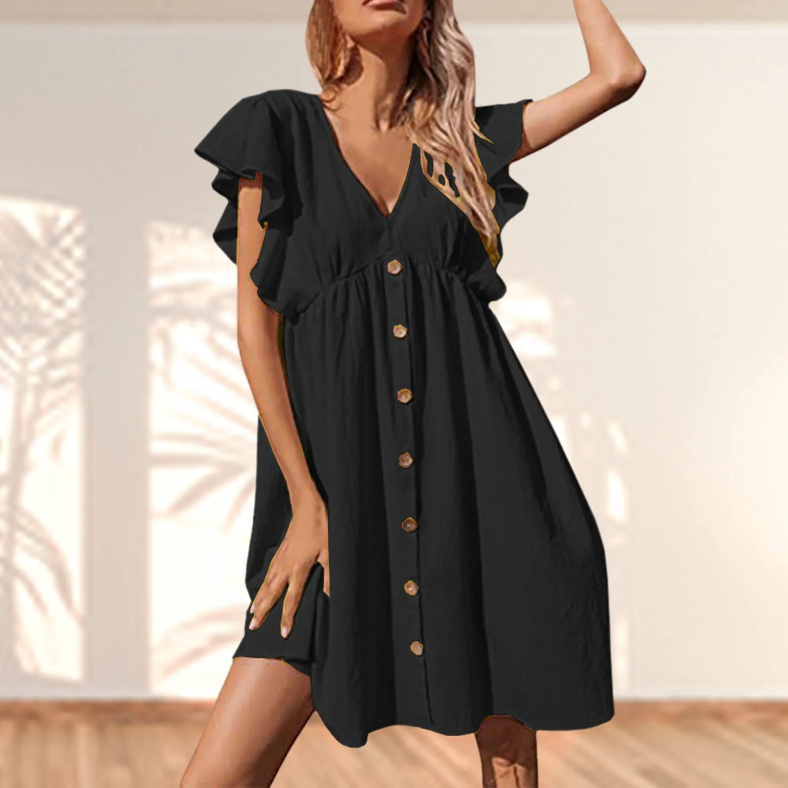 

Women's Casual Pleated V Neck Button Up Fashionable Oversized Dress Casual Dress Women Short Summer Dresses