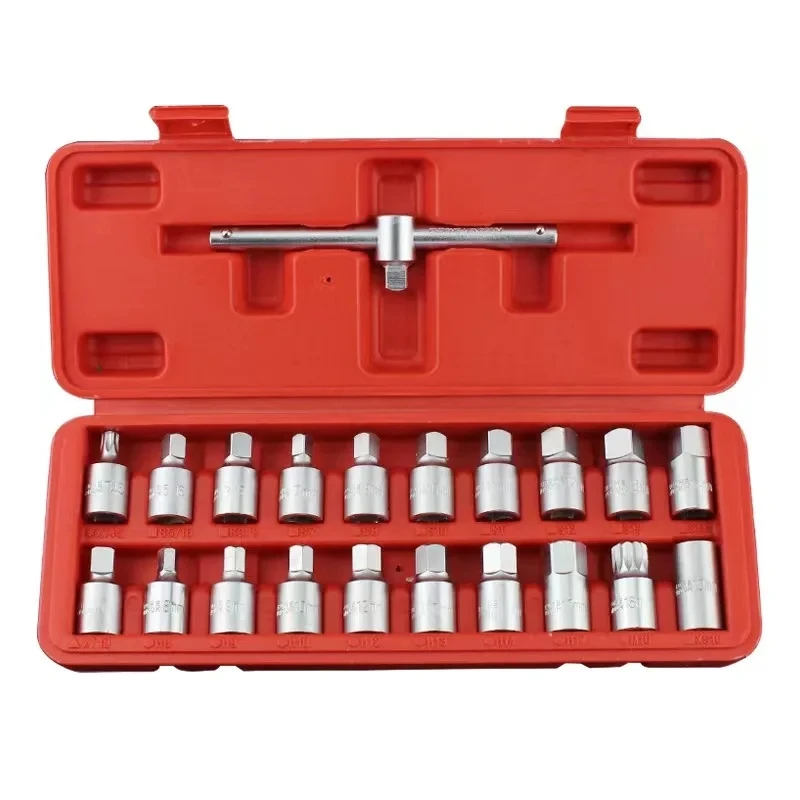 21PCS Oil Drain Pipe Plug Socket Set Oil Pan Screw Sleeve Wrench 3/8-Inch Drive Sliding T-bar Removal Kit