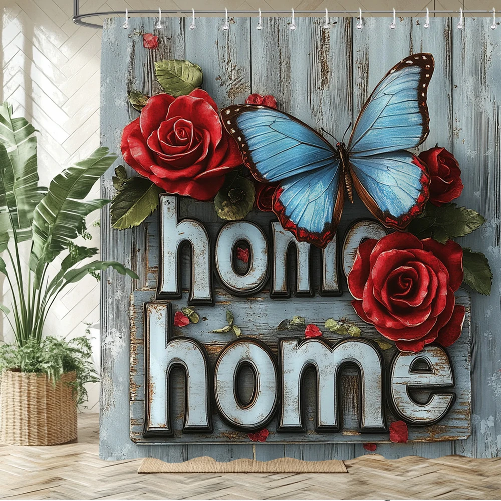

Modern Rose and butterfly Shower Curtain Printed Bathroom Curtains Flowers Bathtub Curtain Polyester Fabric Home Decor Curtain
